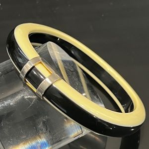 Vintage Lucite Bracelet Plastic Laminated Beige Black Bangle 50's